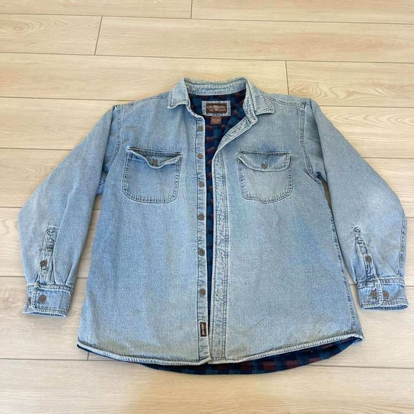 Levi Strauss & Co. Mens Denim Shirt Jacket L‎ Blue Plaid Lined Button Front - Picture 2 of 10